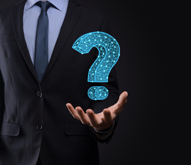 Business professional presenting a digital question mark